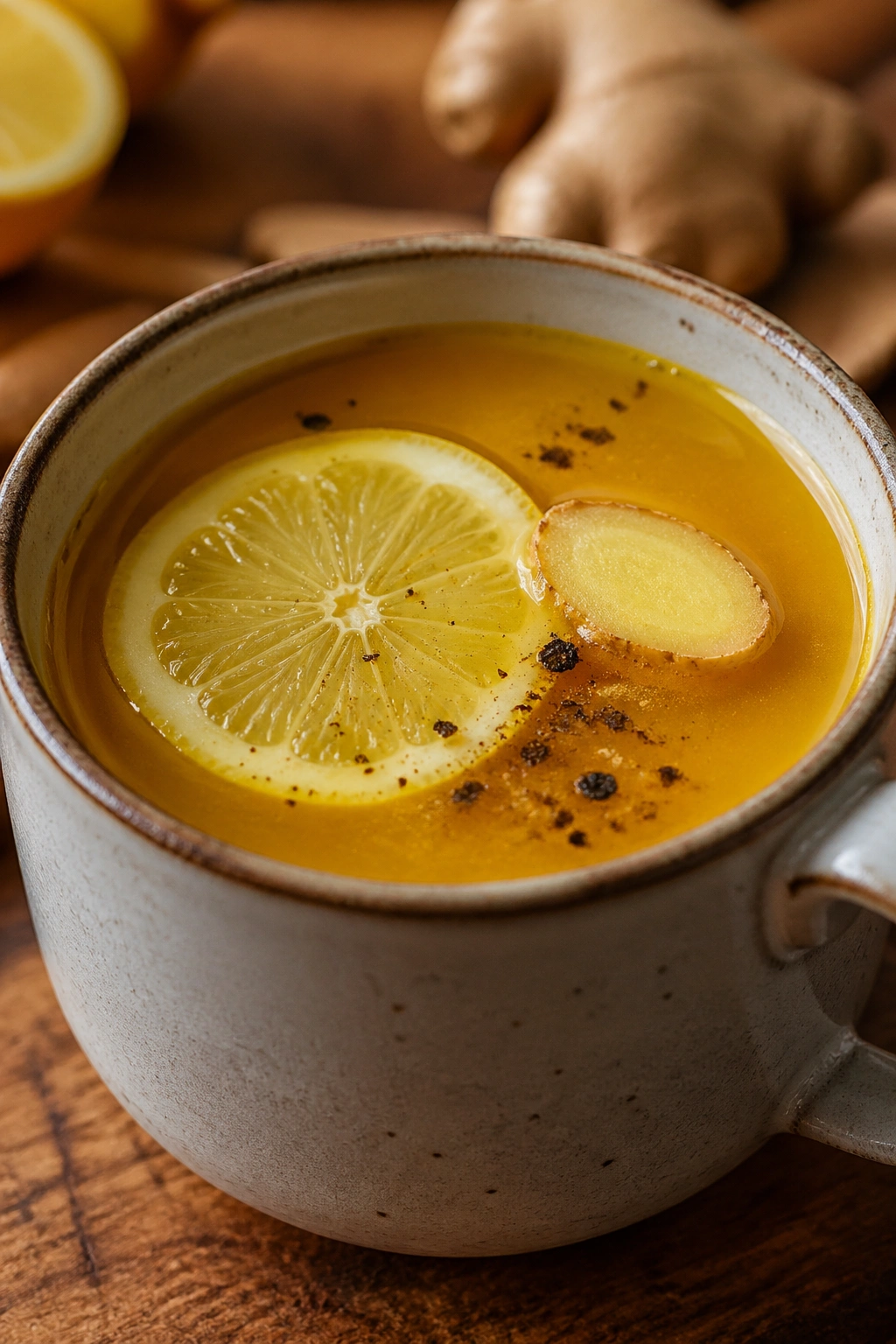 Close-up of a mug with turmeric lemon tonic and ginger slice