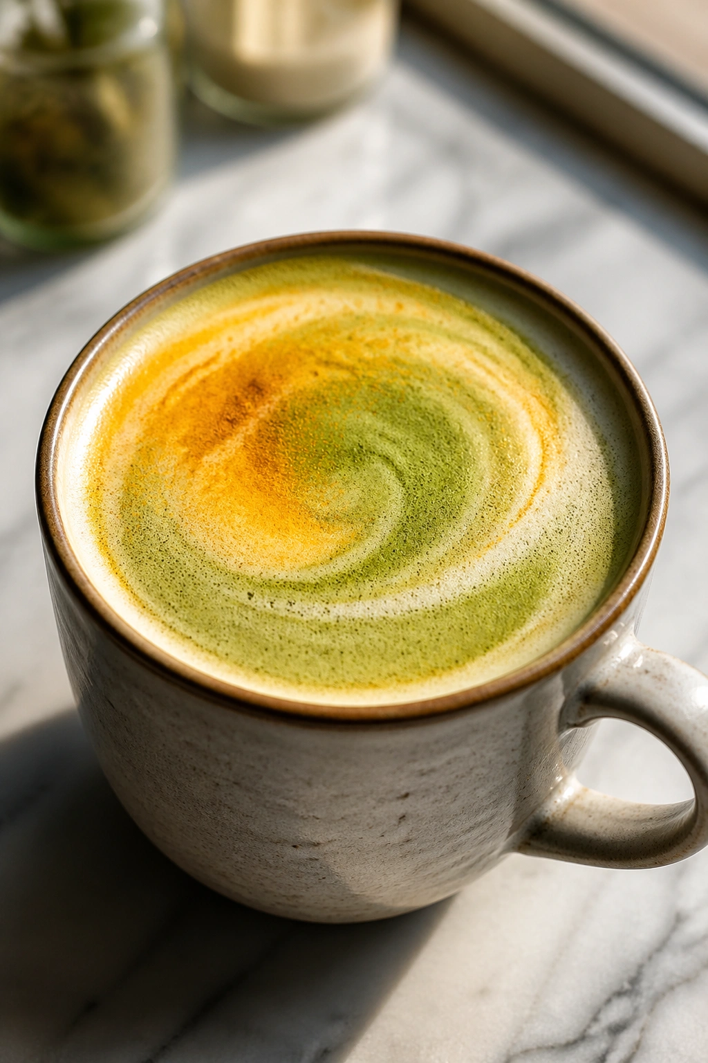 Close-up of turmeric matcha latte in a mug with green and gold swirls
