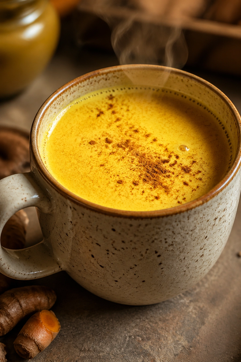Close-up of golden turmeric milk in a mug with steam on a cozy kitchen counter