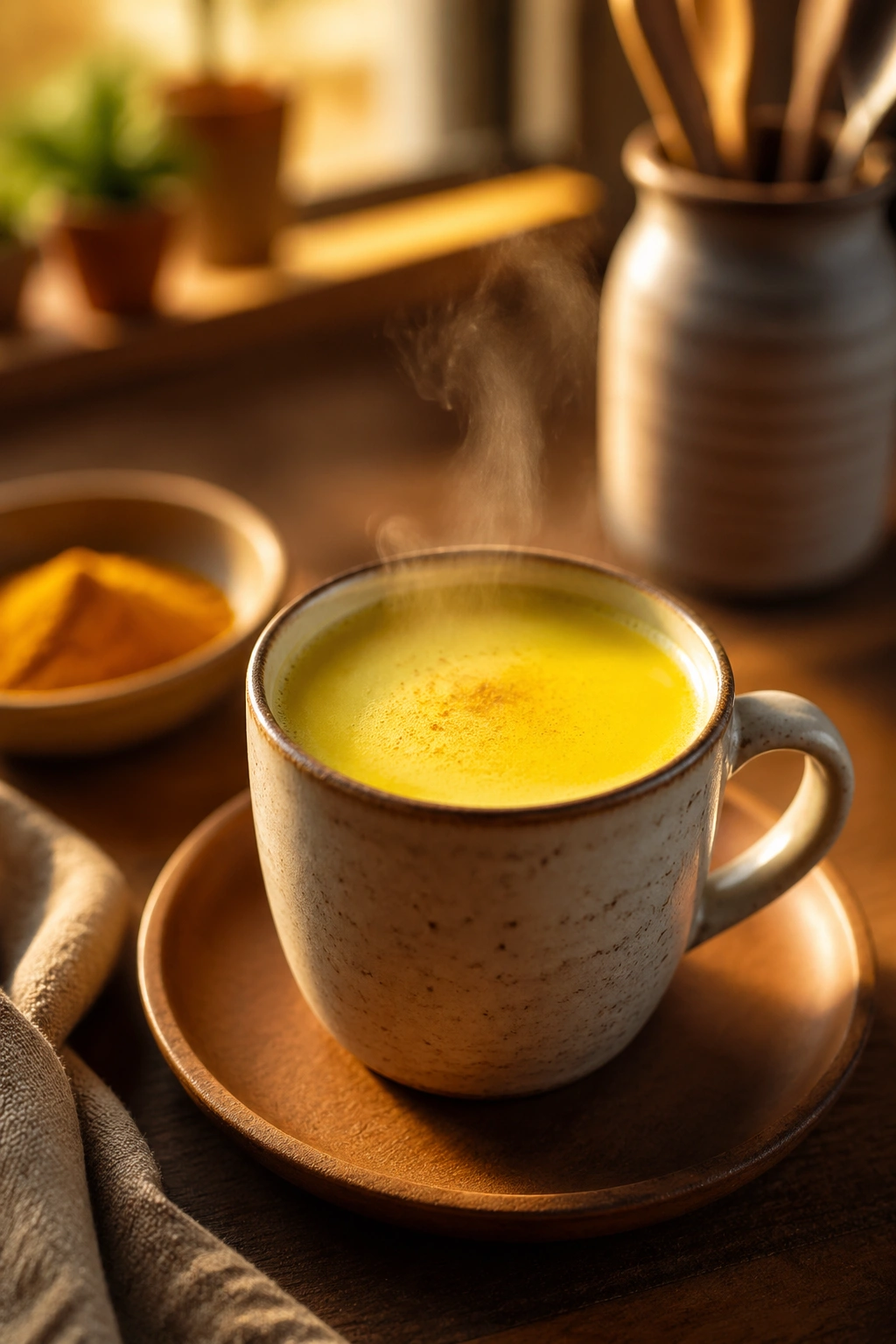 Close-up of turmeric milk mug with golden tint on wooden counter