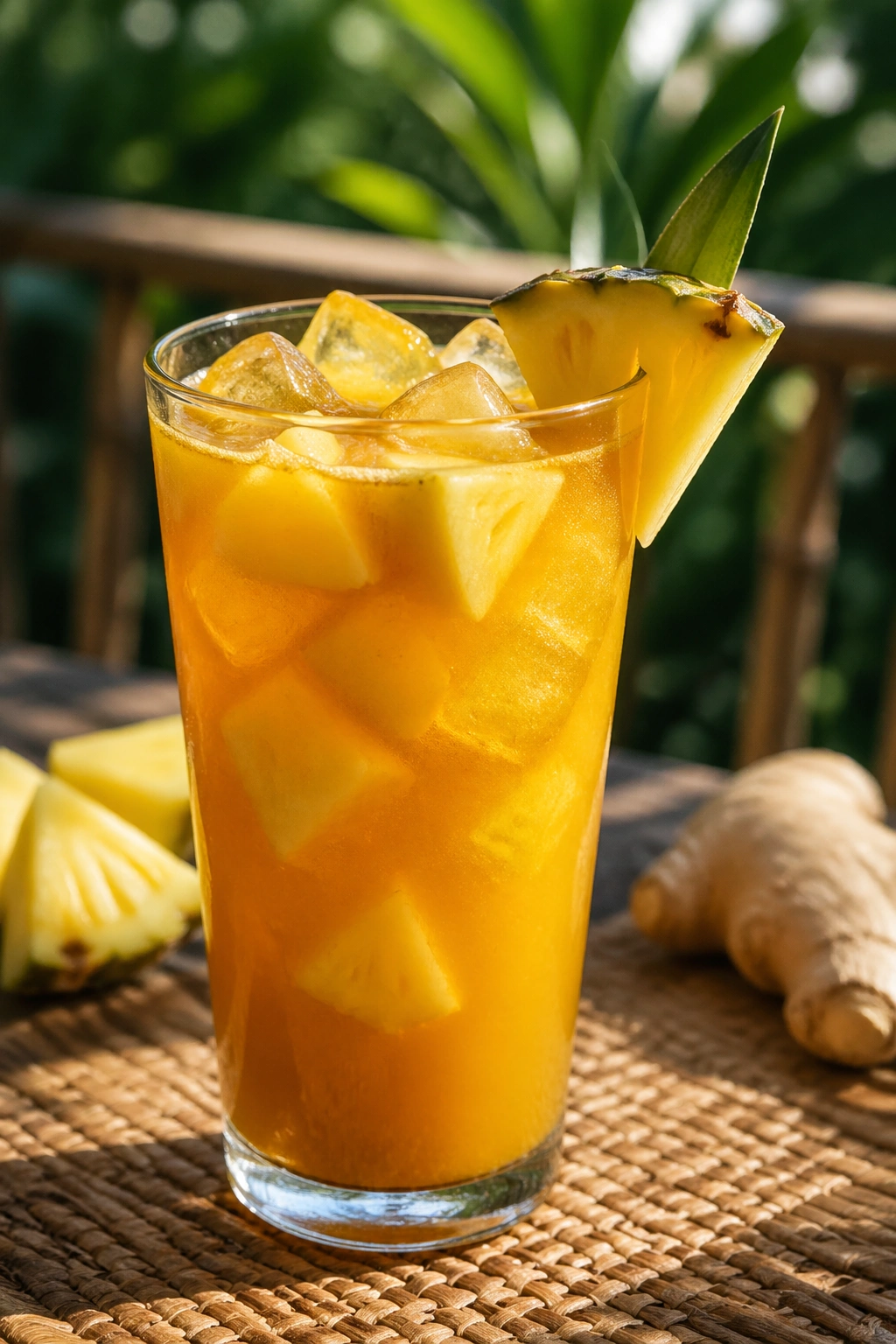 Tall glass of turmeric pineapple ginger iced drink with pineapple pieces