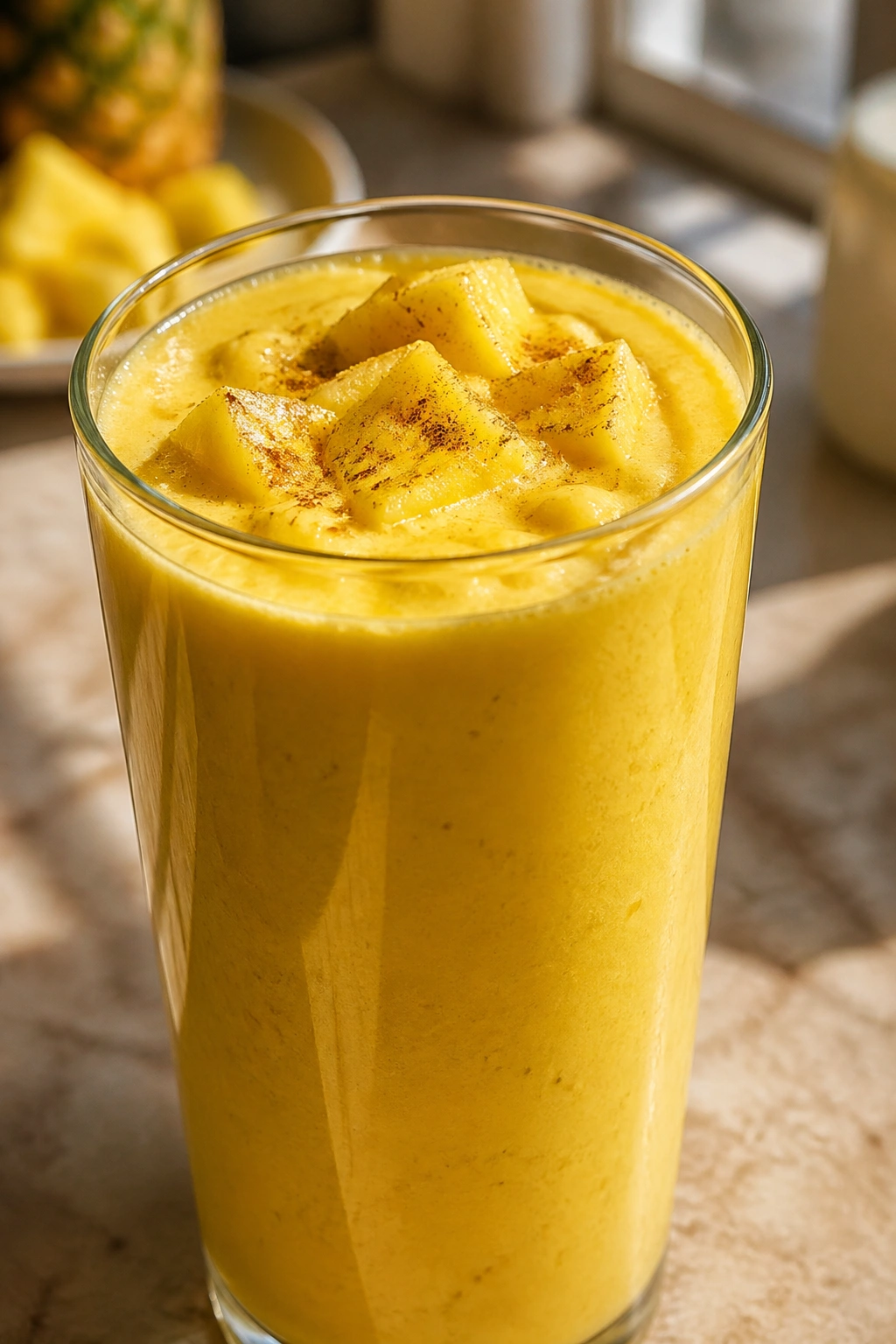 Bright yellow turmeric pineapple smoothie in glass on sunlit counter