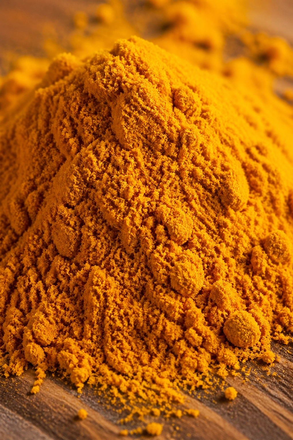 Close-up of ground turmeric mound on wood