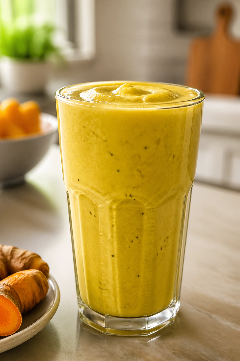Thick turmeric protein smoothie in a glass with a bright kitchen backdrop