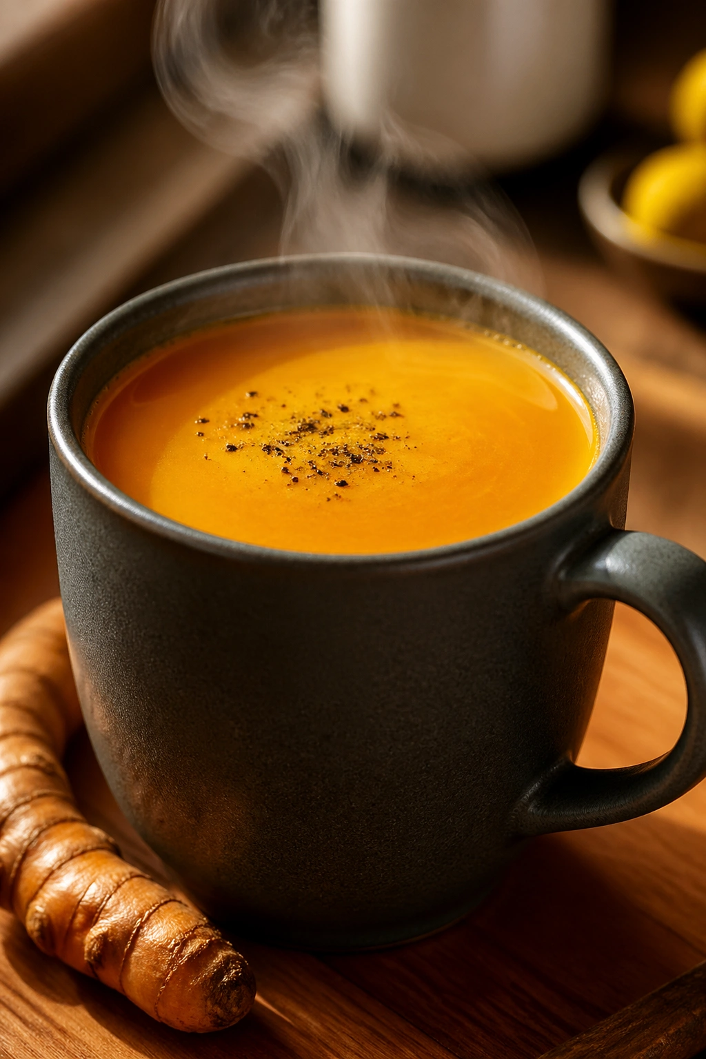 Close-up of a steaming turmeric tea in a mug with pepper specks on the surface