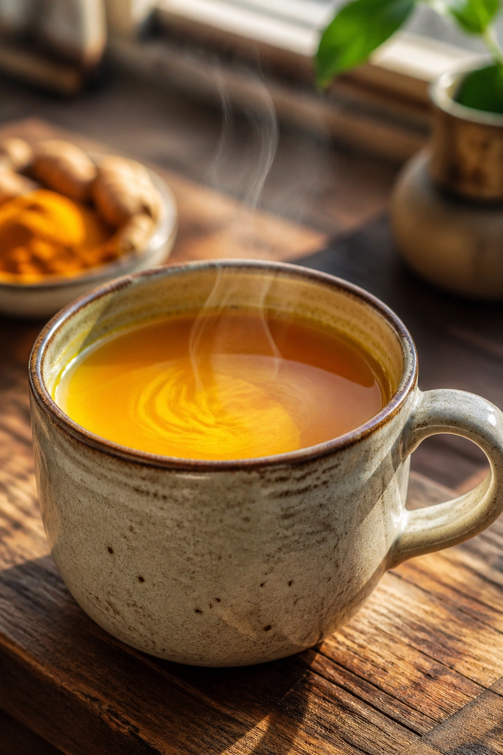 Close-up of a steaming mug of turmeric tea on a wooden counter.
