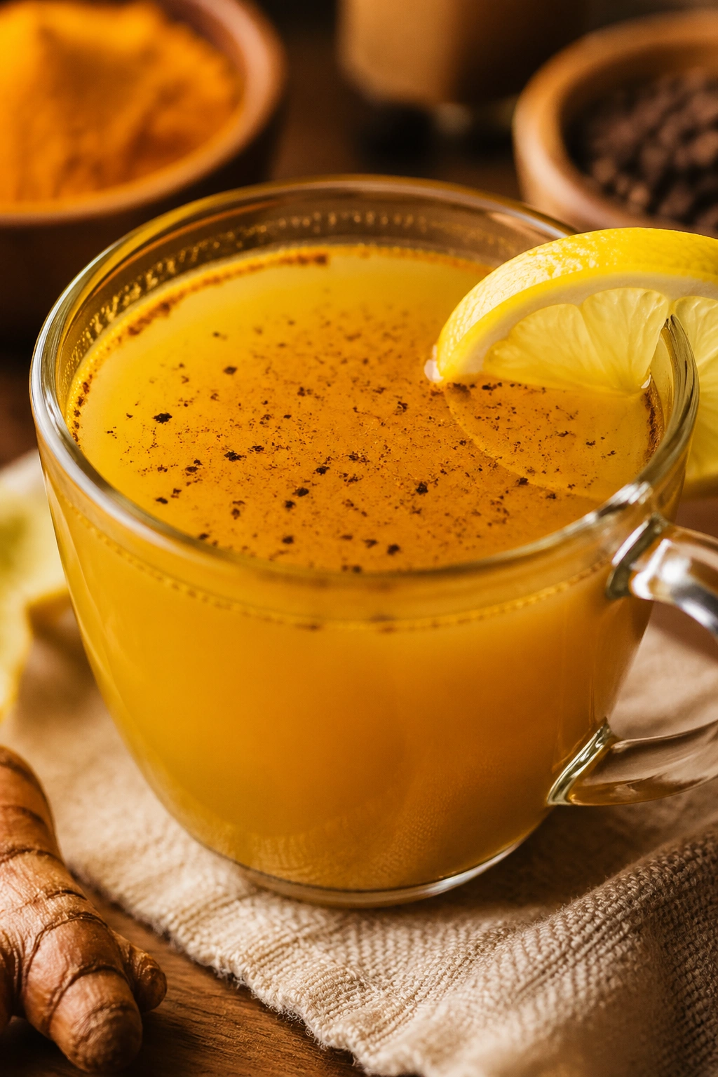Close-up of turmeric tea with black pepper specks and lemon slice