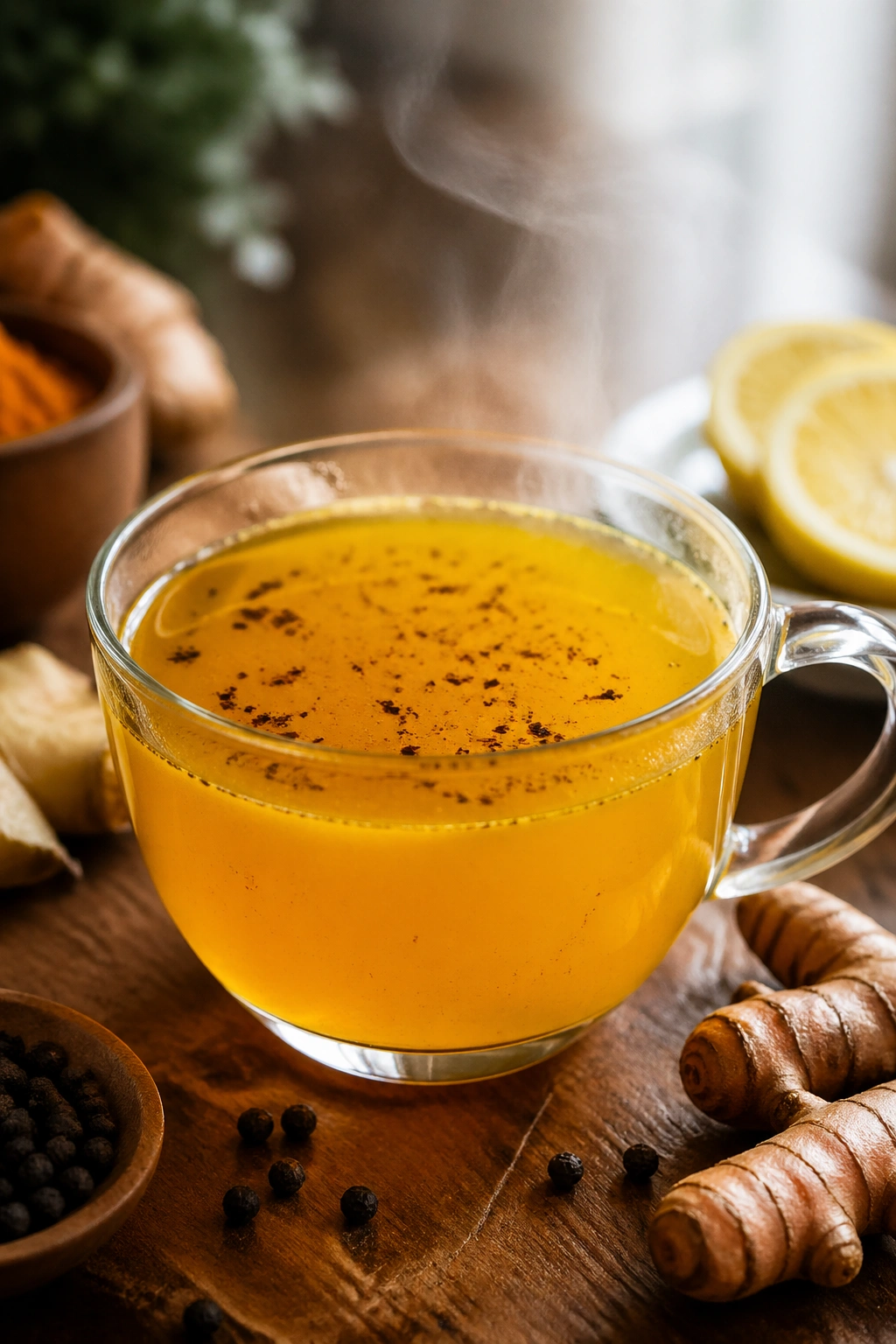 Close-up of a steaming cup of turmeric black pepper herbal tea on a wooden counter