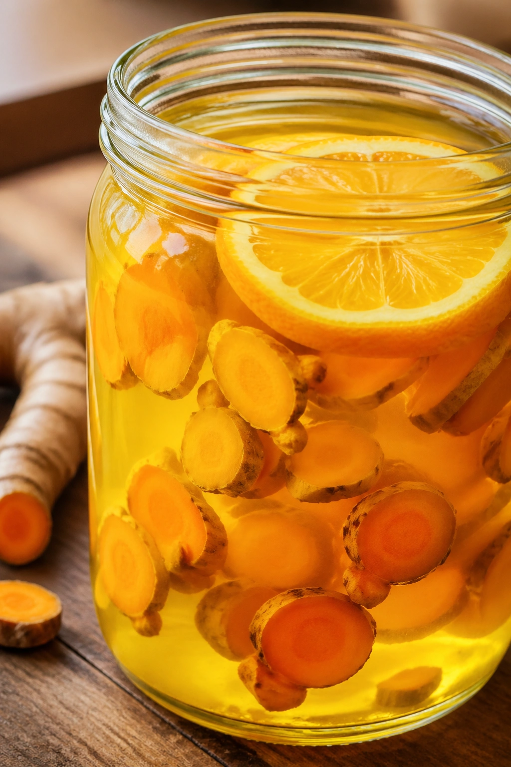 Close-up of turmeric orange water in a glass jar with turmeric slices and orange