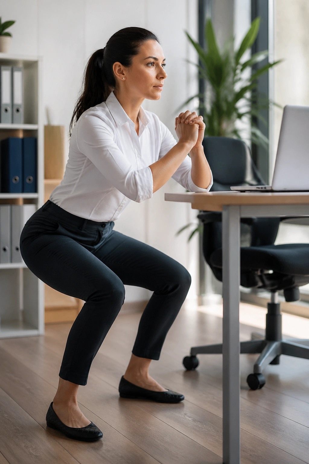 Medium close-up of a person doing chair squats at a desk in an office, illustrating two-minute movement snacks