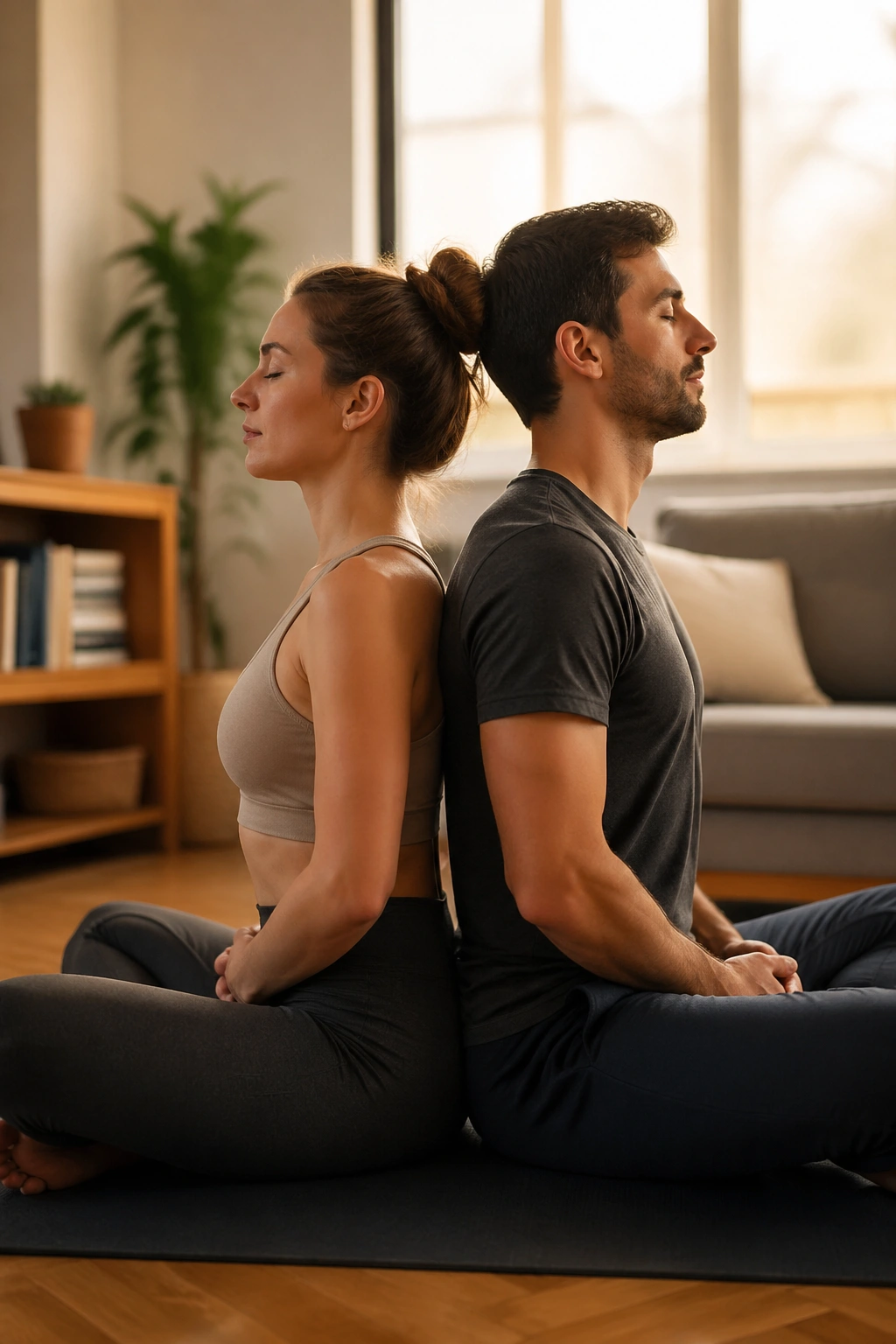 Two people seated back-to-back breathing in sync on a yoga mat in a cozy living room
