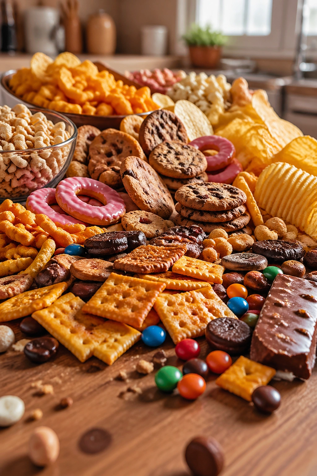Close-up of assorted ultra-processed snacks on a wooden counter