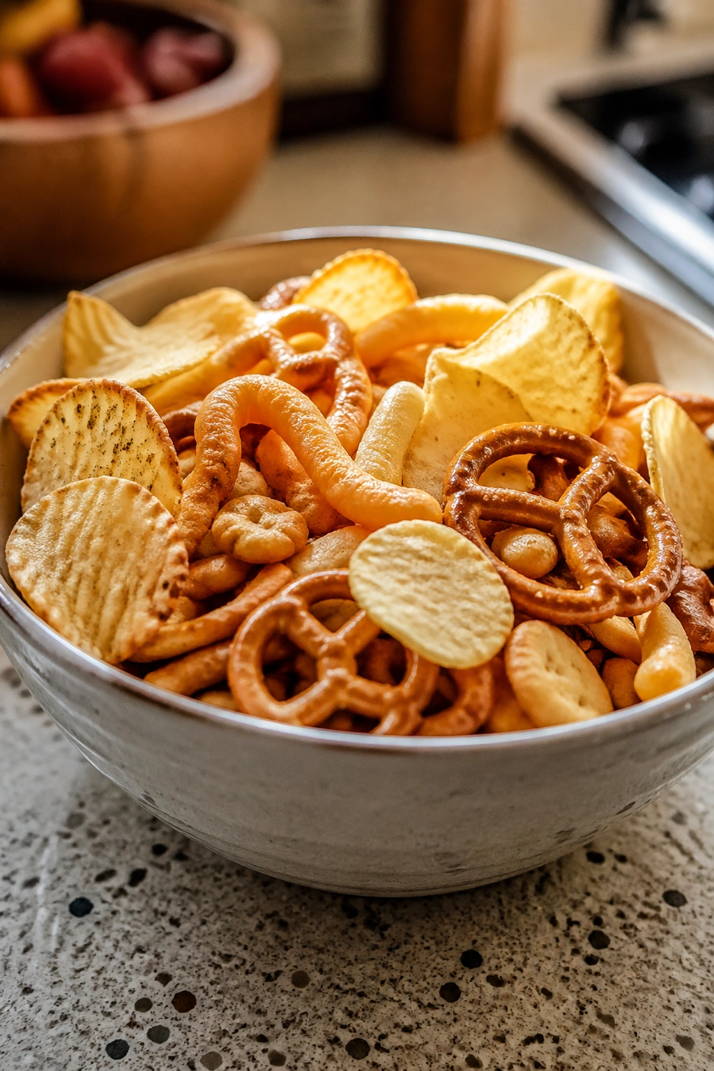 Bowl of chips and snacks on a kitchen counter
