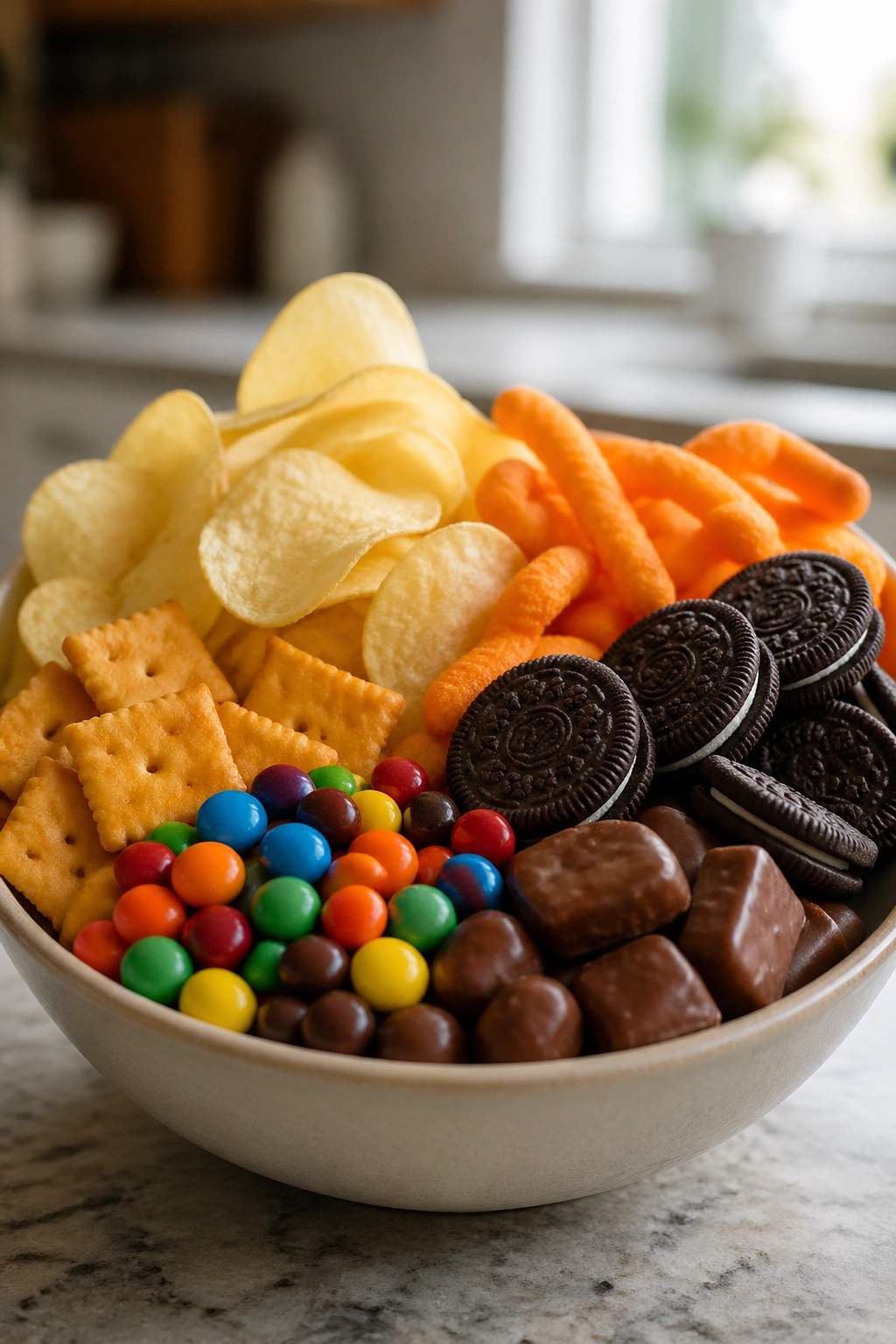 Close-up of a bowl of ultra-processed snacks on a kitchen counter.