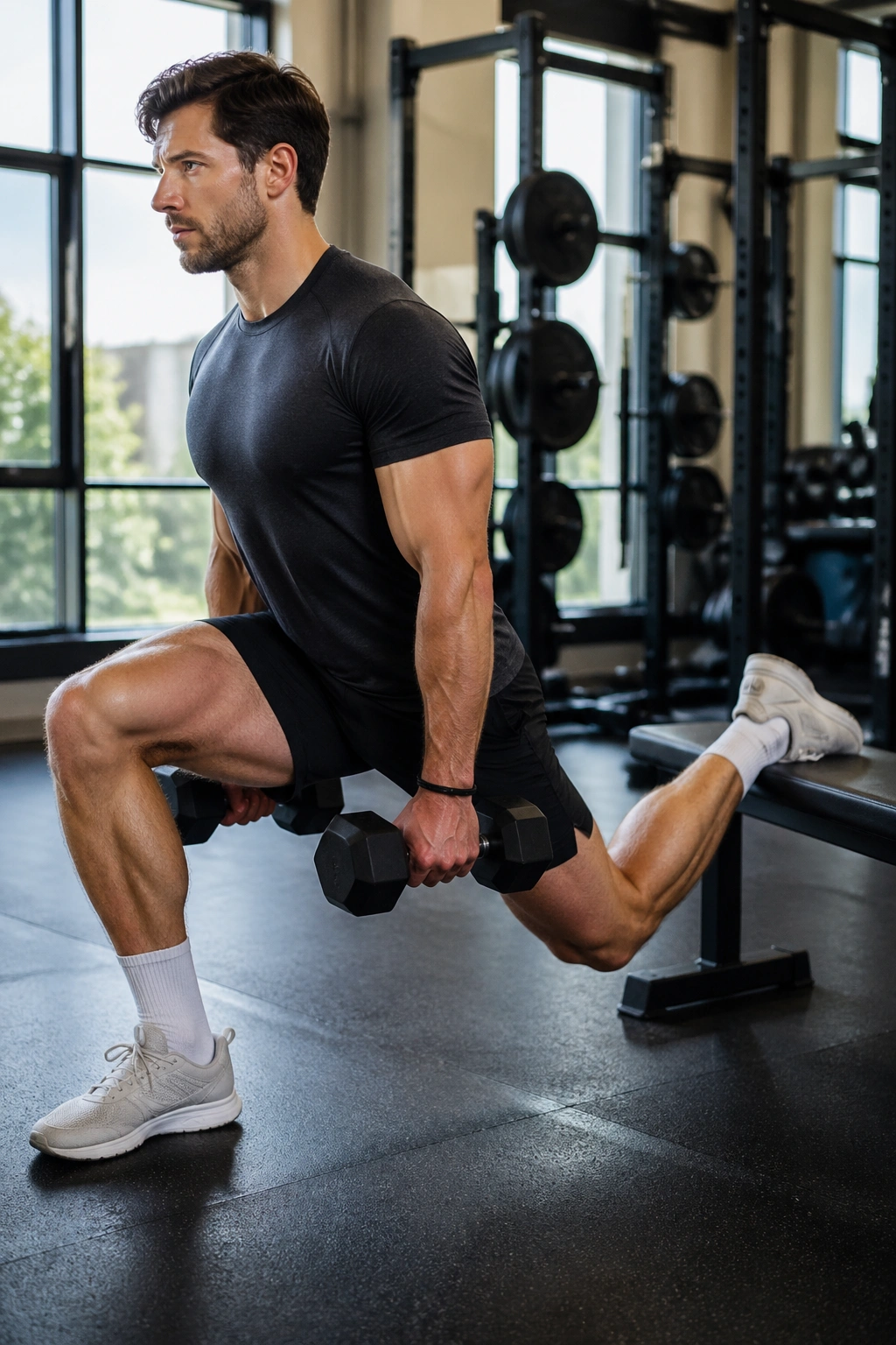 Person performing Bulgarian split squat in gym to address unilateral training
