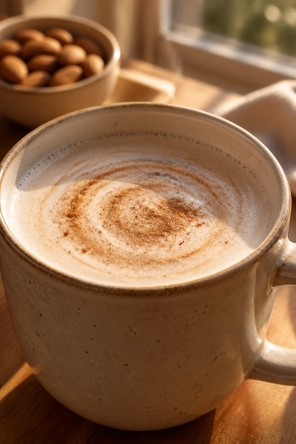 Warm mug of unsweetened almond milk with a cinnamon swirl on top.