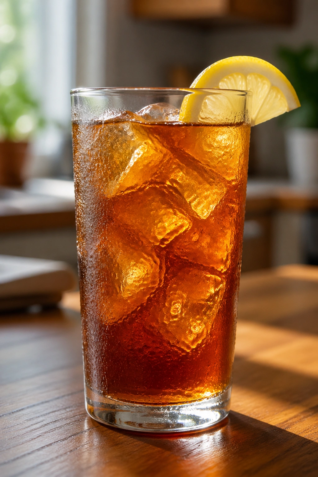Close-up of a glass of unsweetened iced black tea on a sunlit kitchen counter