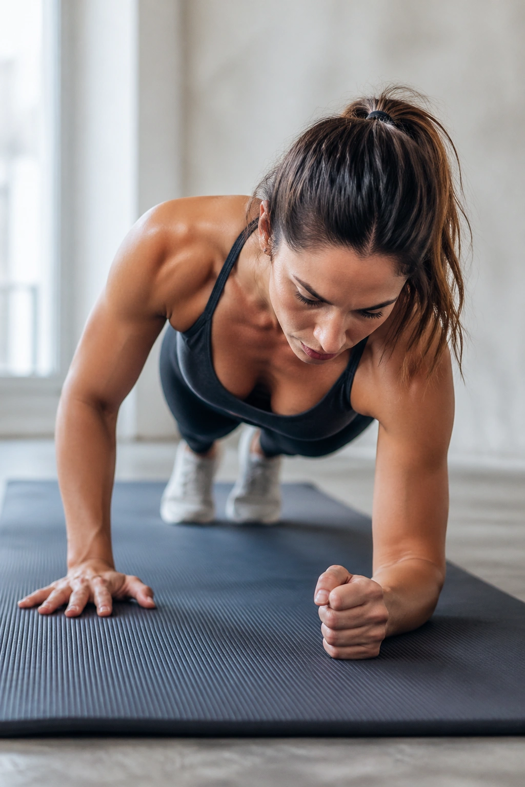 Person in up-down plank transitioning from hands to forearms with a braced core