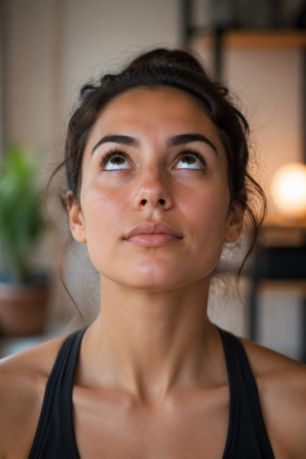 Close-up of eyes looking upward in a relaxed setting