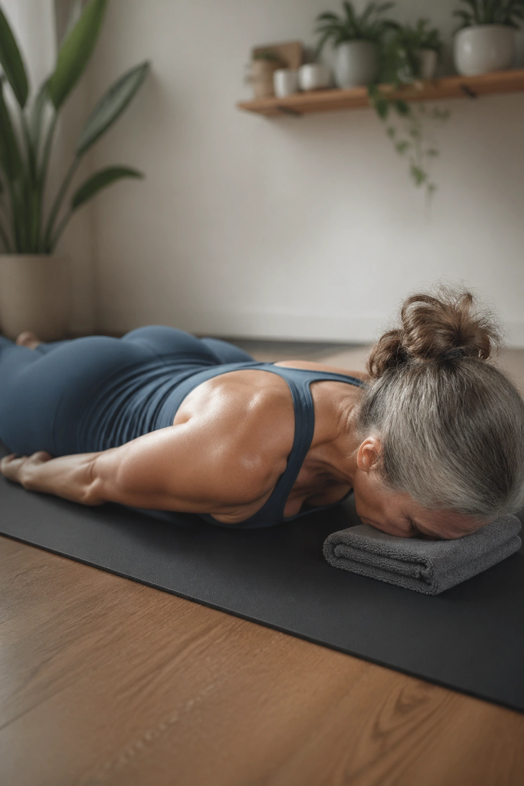 Real person performing upper-back lifts in prone position on mat