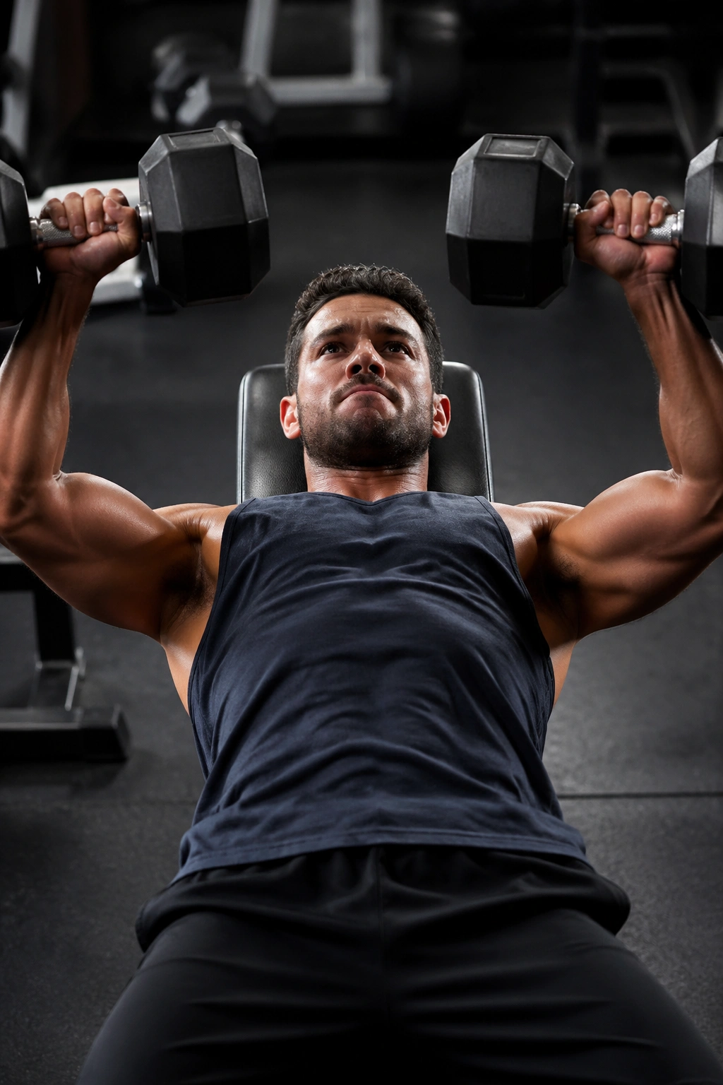 Medium close-up of a person performing a dumbbell bench press in a gym