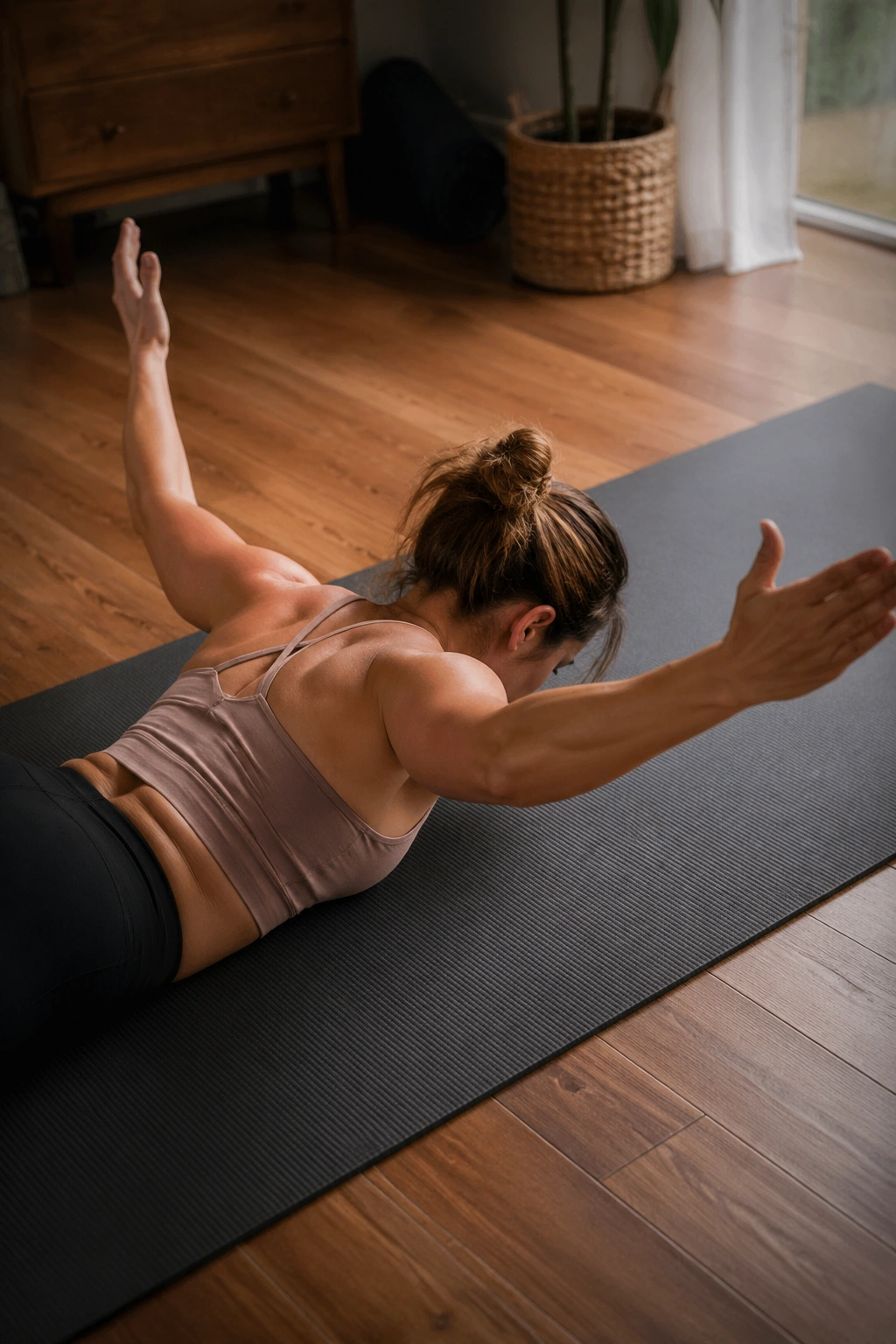 Close-up of a real person performing prone Y-T-W shoulder moves on a mat in a bright home gym