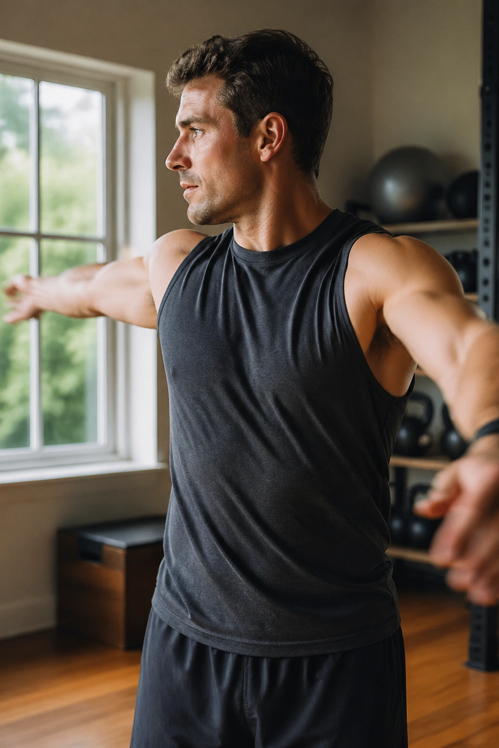Close-up of a person performing a dynamic upper body stretch with arm circles in a warmly lit home gym