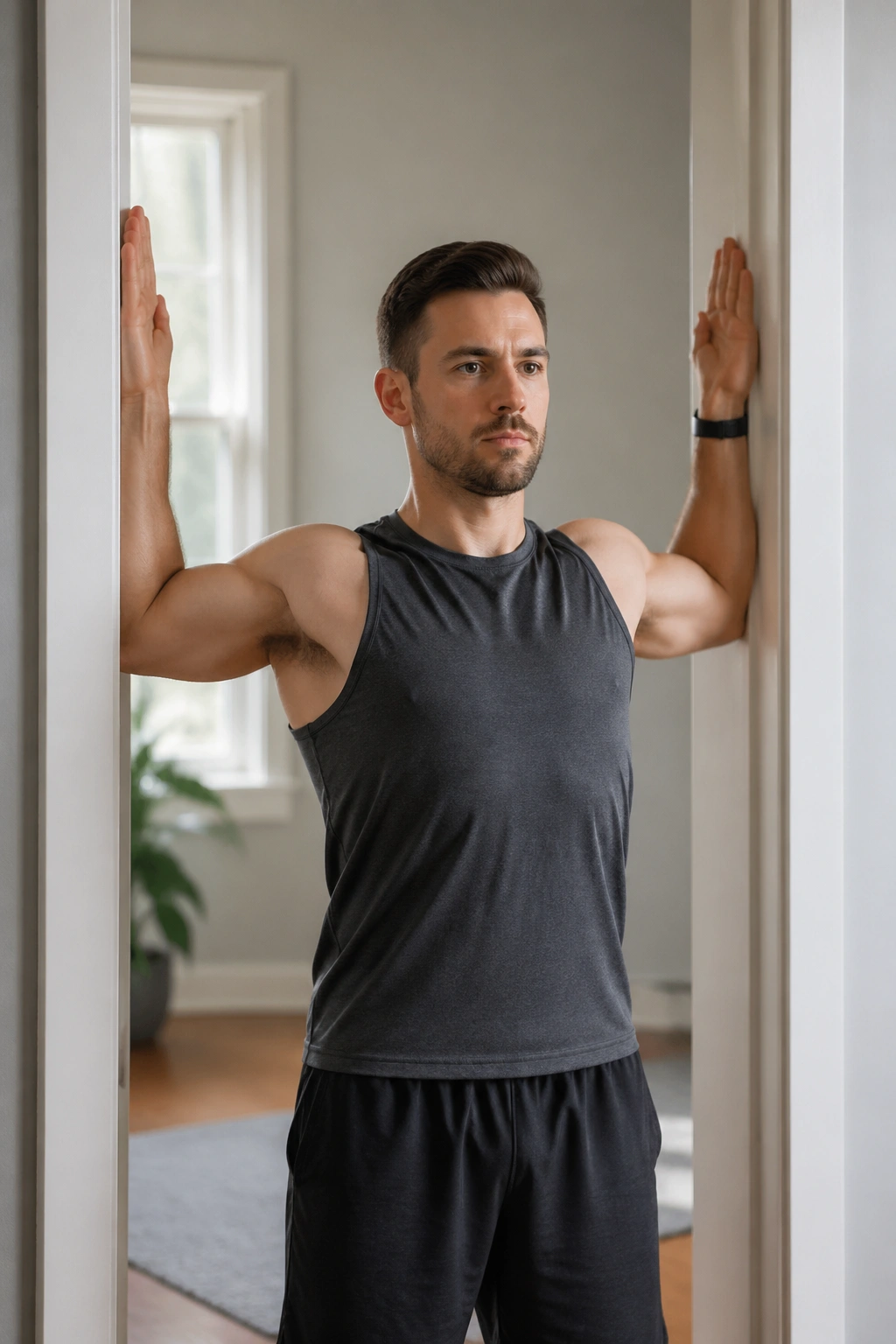 Close-up of a person performing wall slides in a doorway as part of an upper body stretch routine