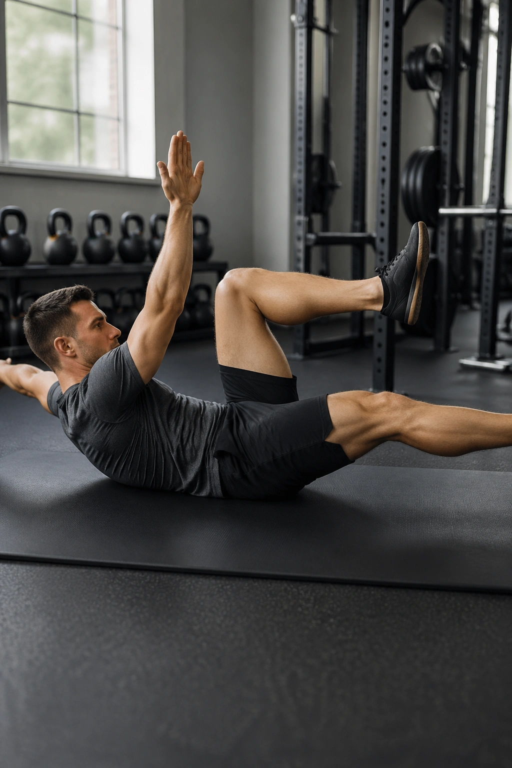 Person on gym mat performing dead bug core finish
