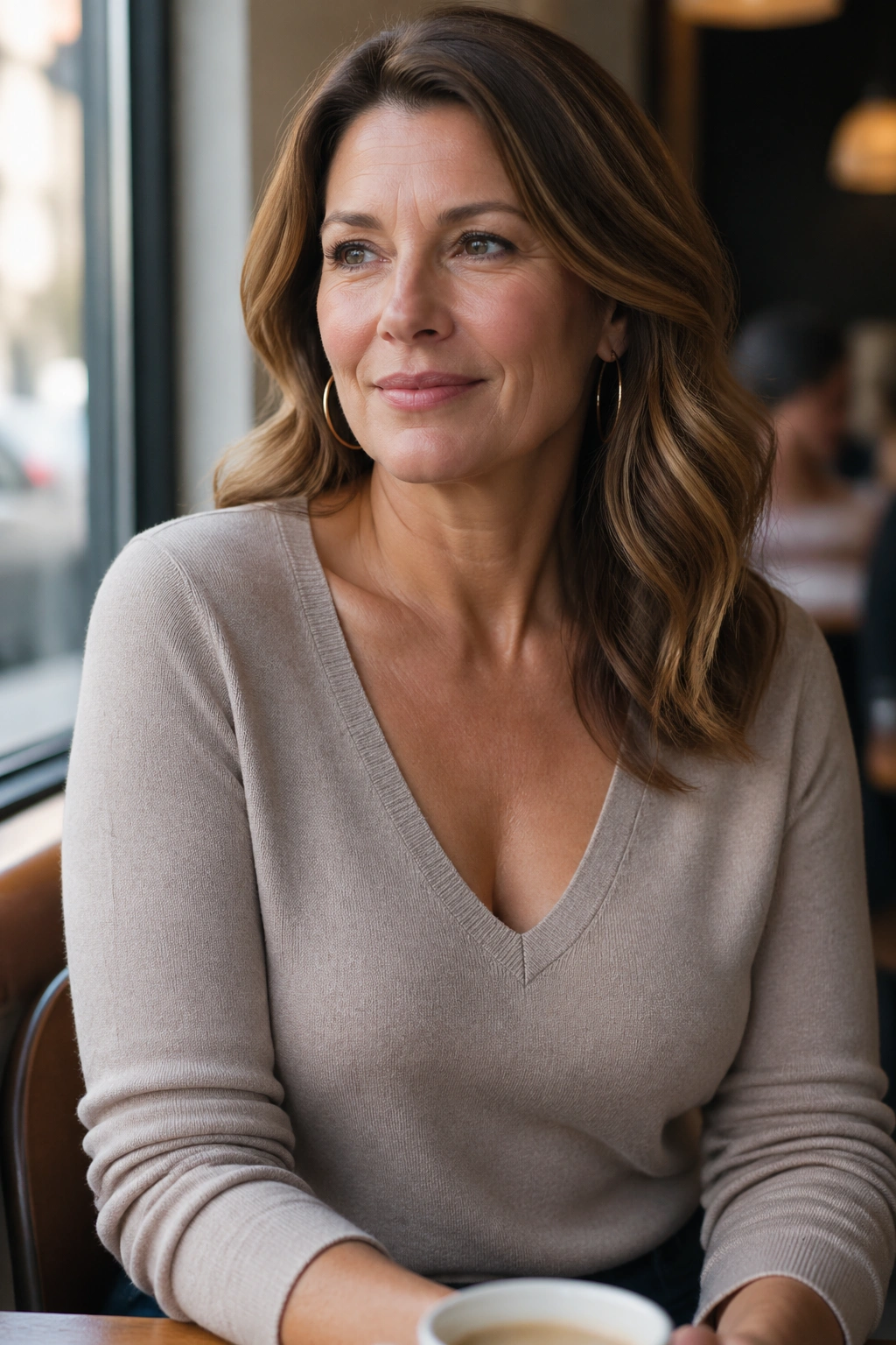 Portrait of a woman in a V-neck knit top with an open neckline.