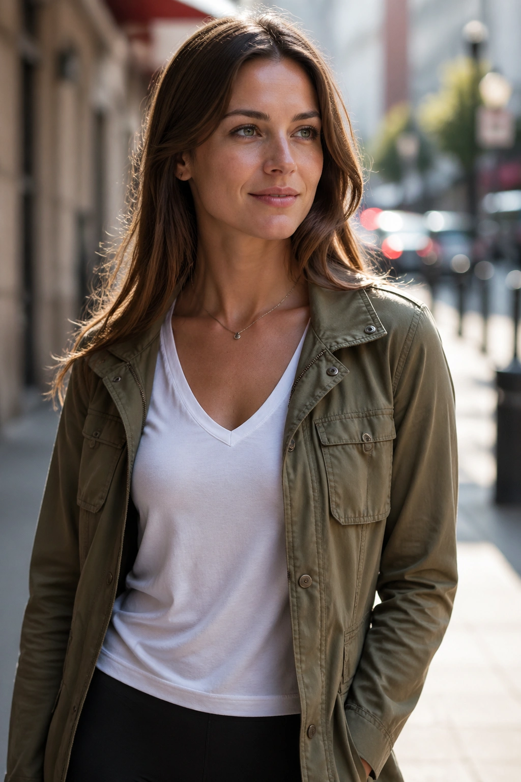 Torso-up portrait in V-neck tee under utility jacket on city street