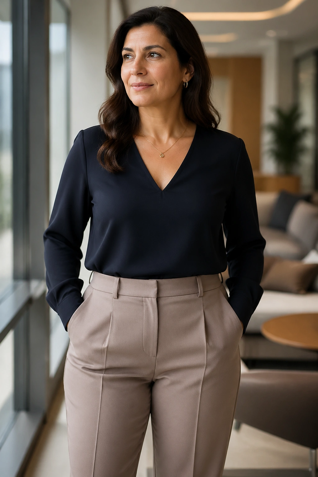 Real woman in a V-neck top and tailored trousers in a modern office setting