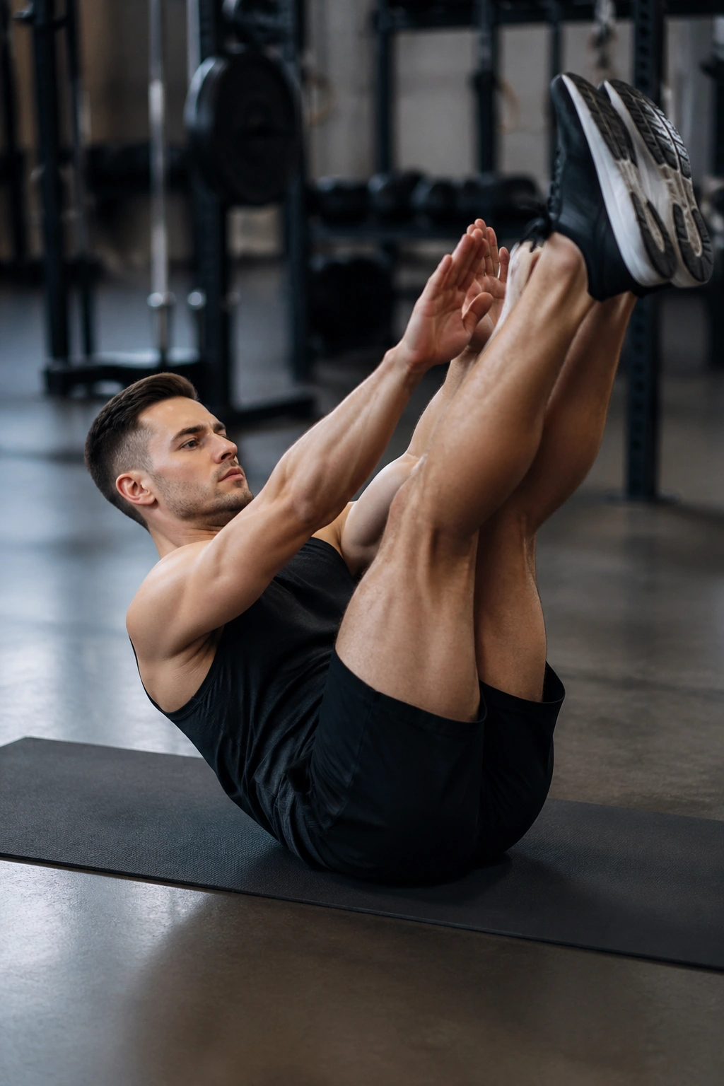 Close-up of a person performing V-Ups in a gym setting