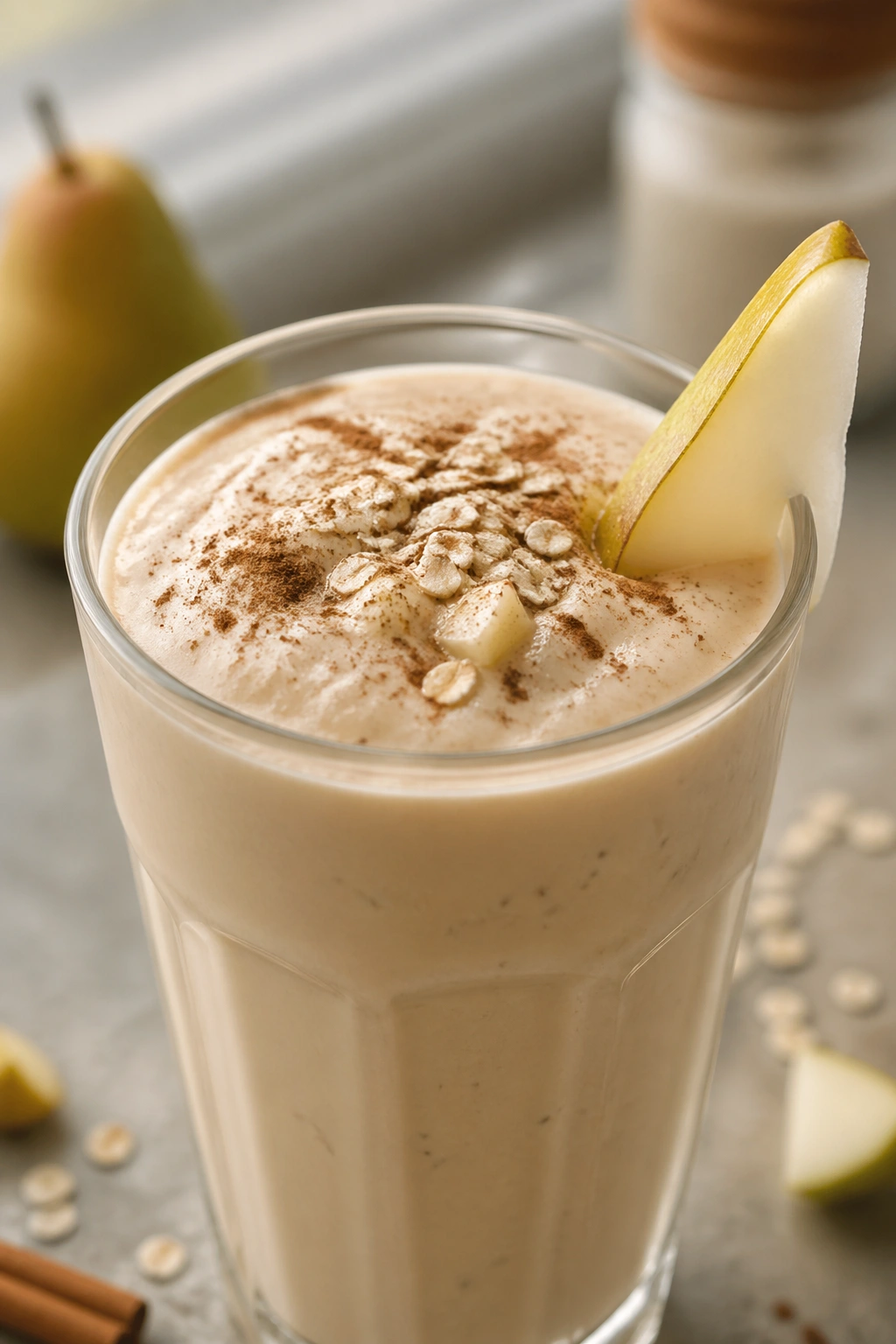 Close-up of a glass of Vanilla Chai Pear Shake in a sunlit kitchen