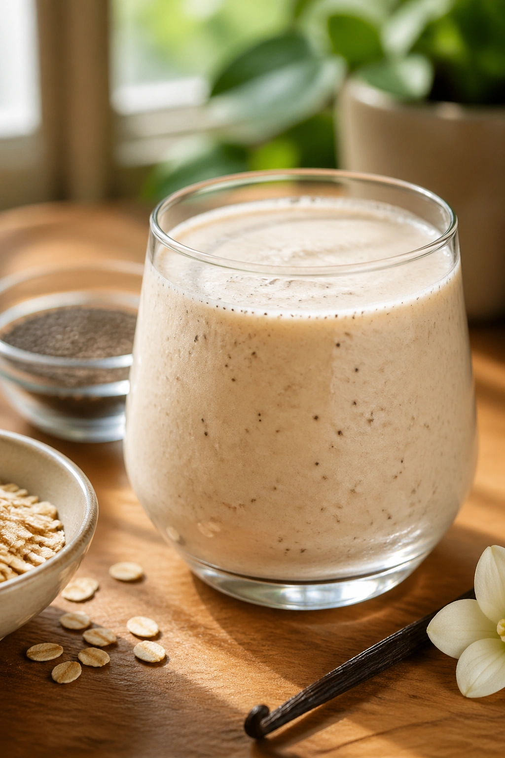 Close-up of vanilla chia oat drink in a glass on a kitchen table