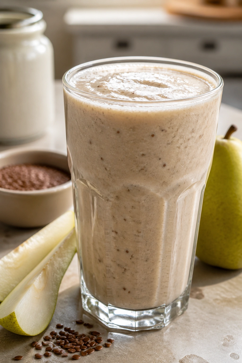 Vanilla Pear Flax Smoothie in a glass with pale cream color