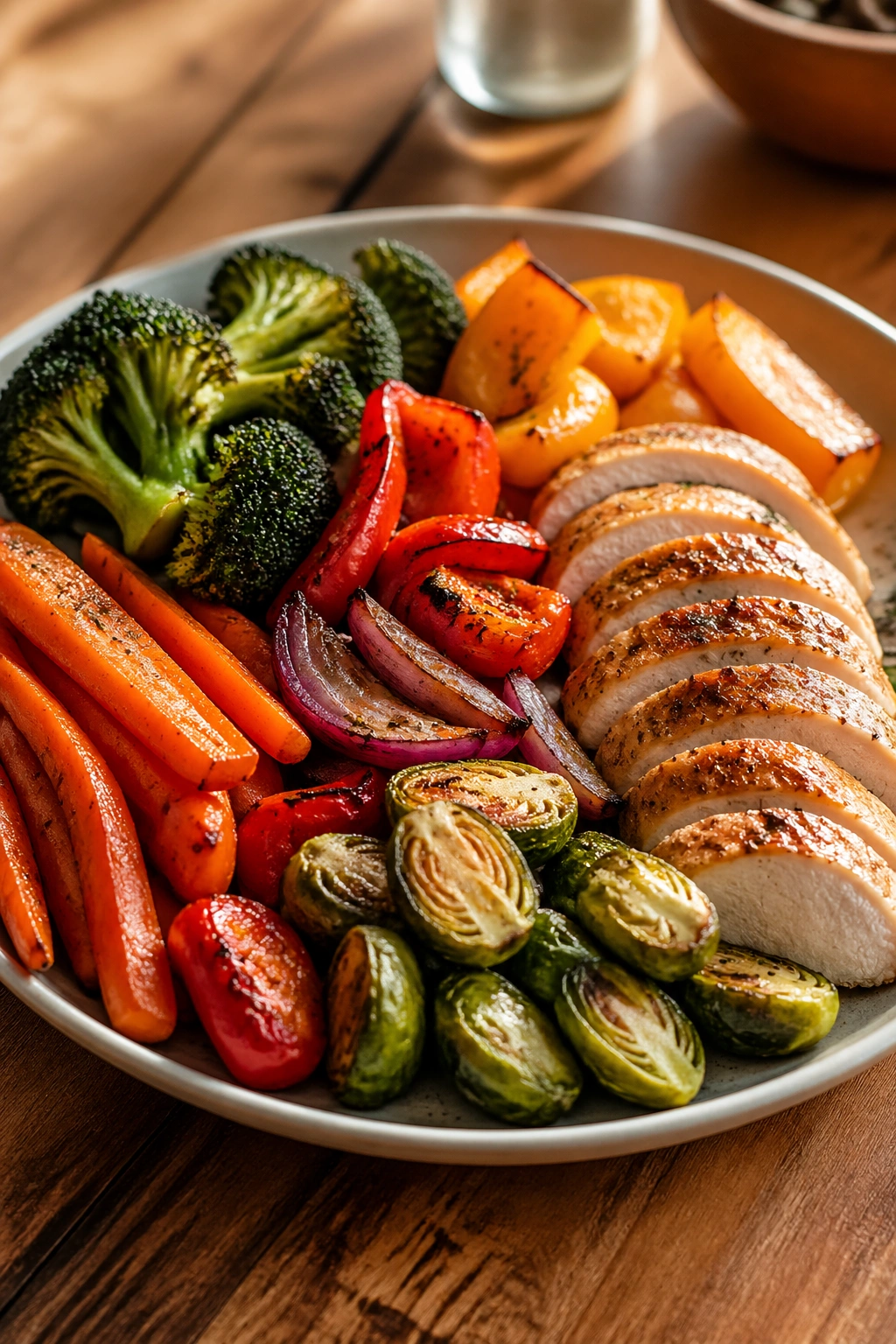 Plate featuring colorful roasted vegetables and moderate protein