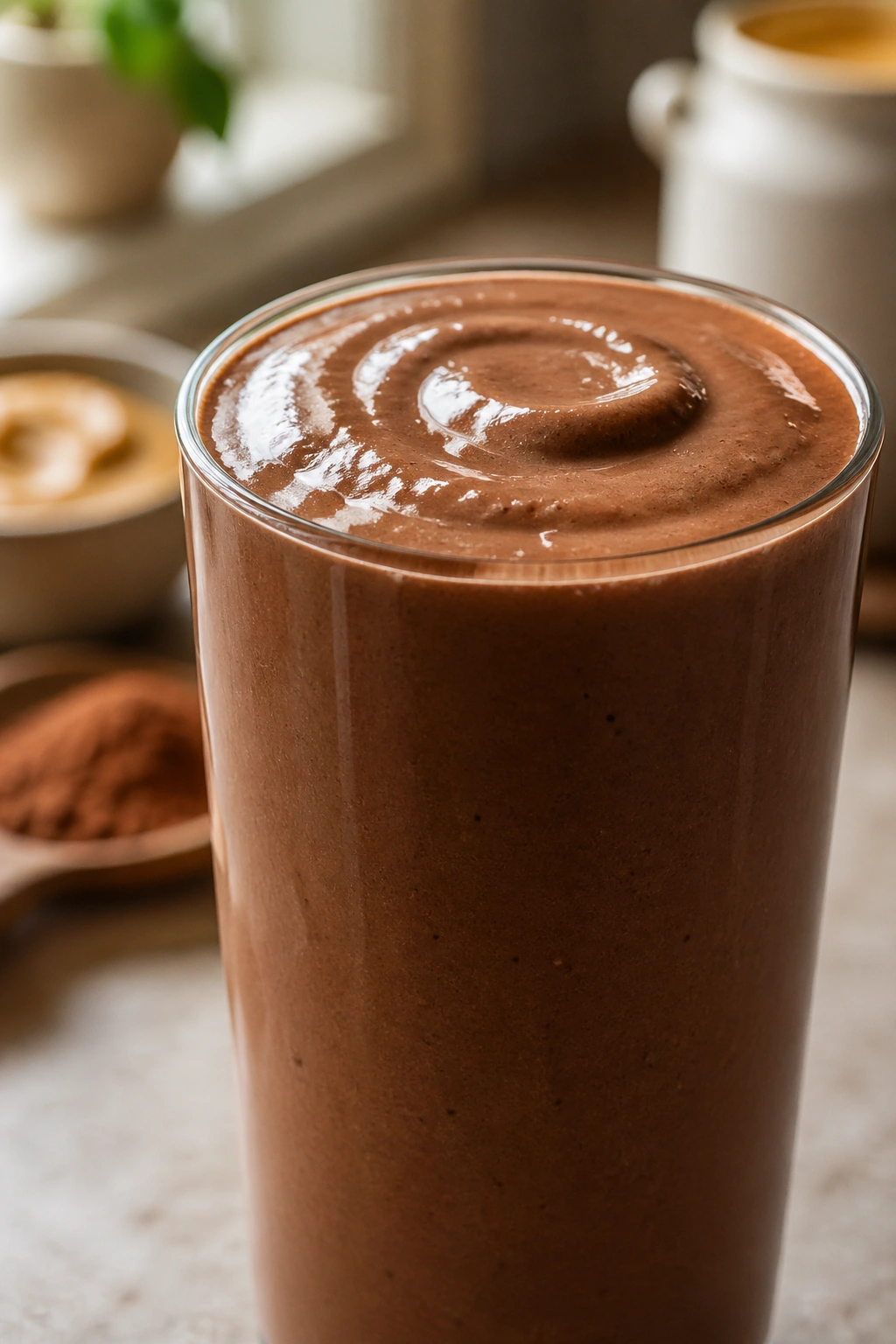 Close-up of a vegan chocolate tahini recovery shake in a glass