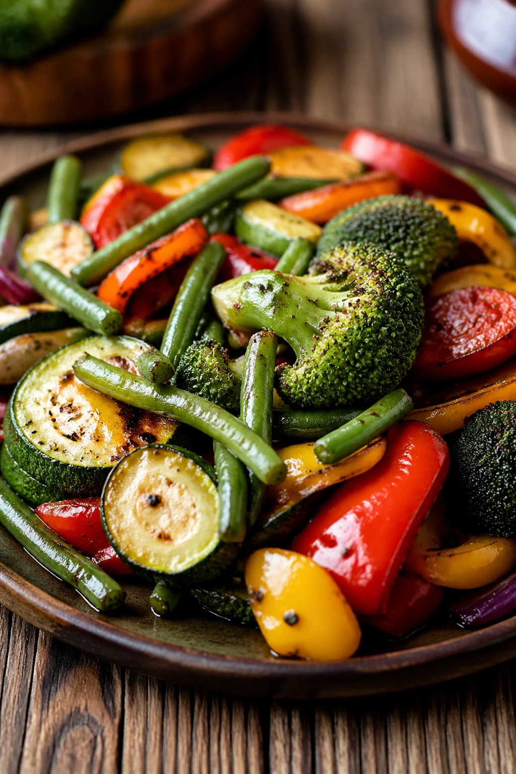 Close-up of colorful vegetables forming the base of a meal on a wooden table