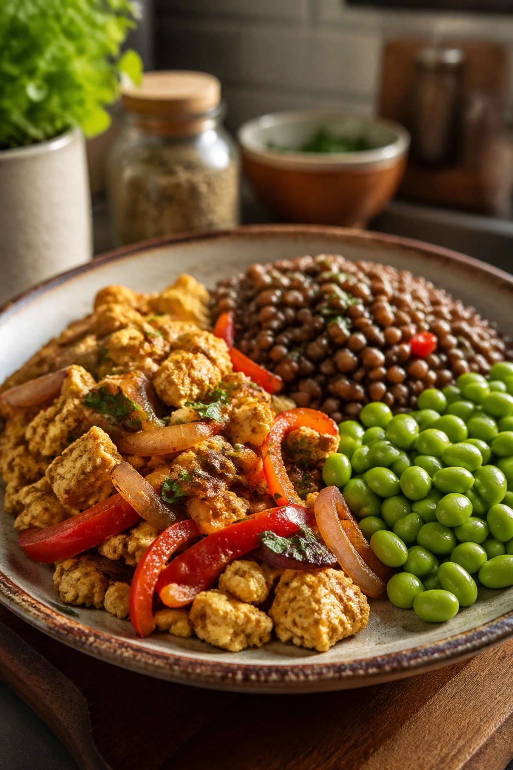 Close-up plate of tofu scramble, lentils, and edamame representing vegetarian protein sources.