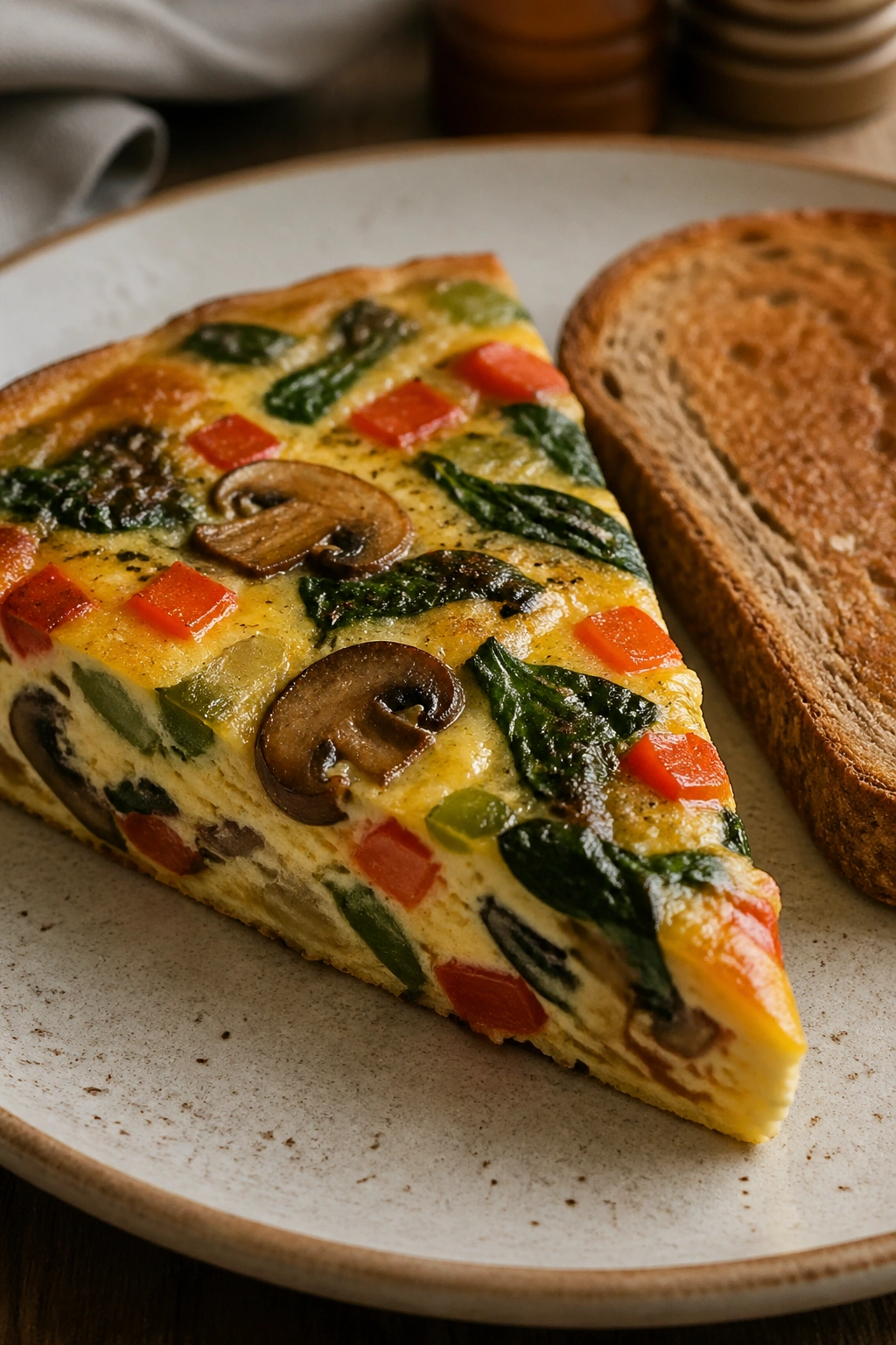 Vegetable frittata with toast on plate