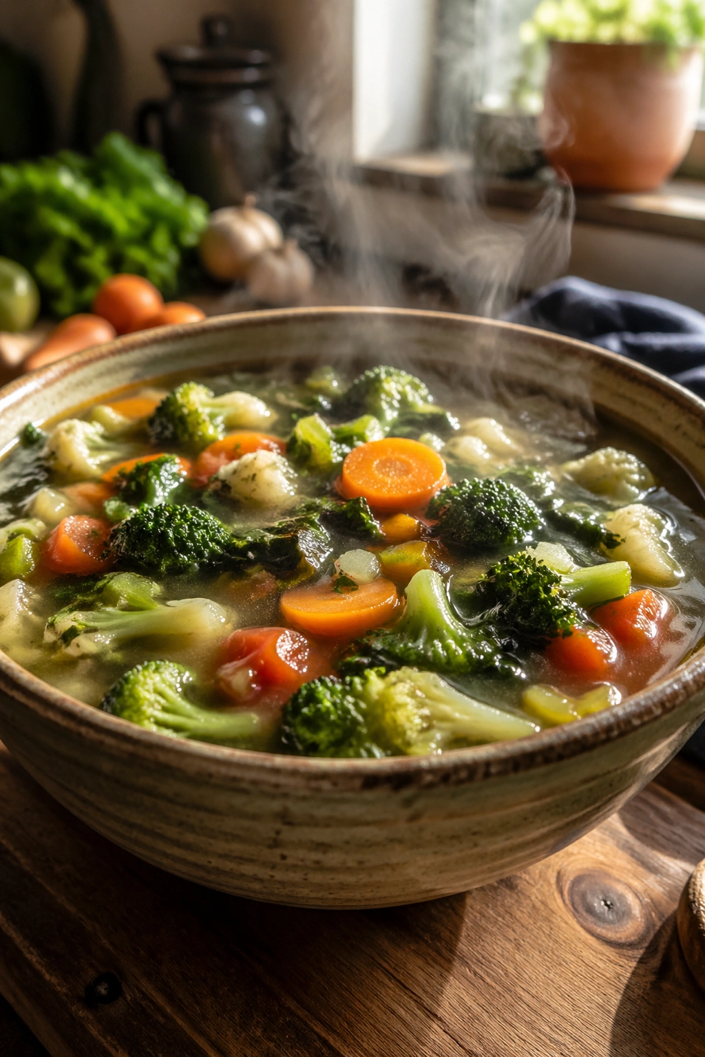 Close-up of a large steaming bowl of colorful vegetable soup on a wooden counter