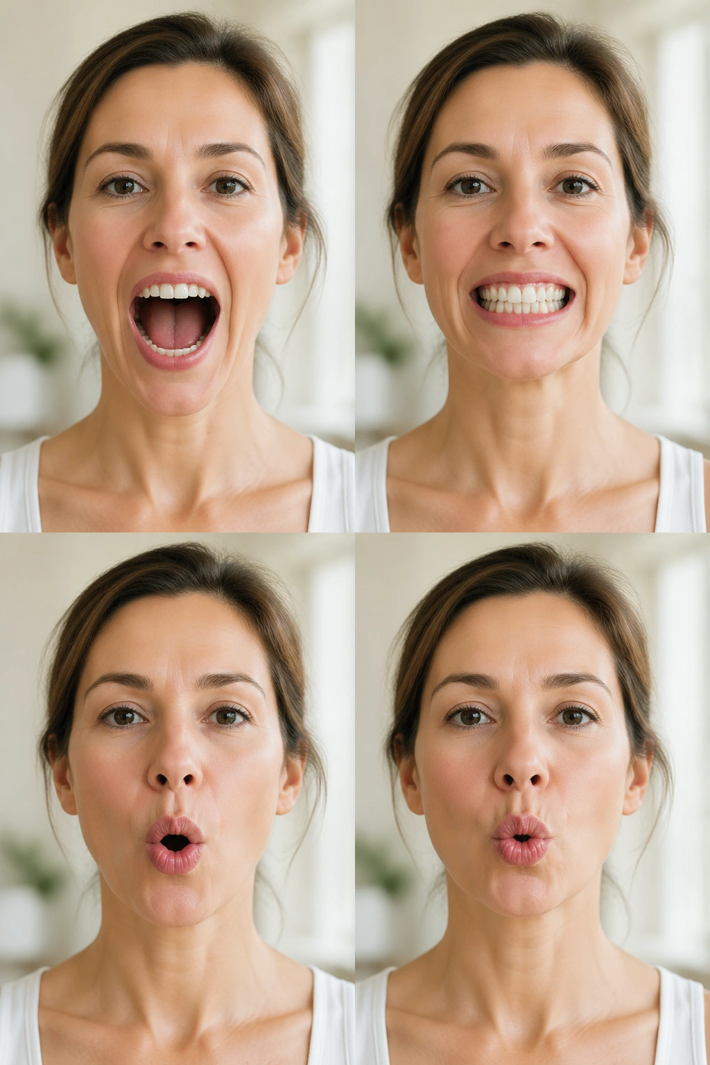 Close-up of a person articulating vowels to wake facial muscles around the mouth.