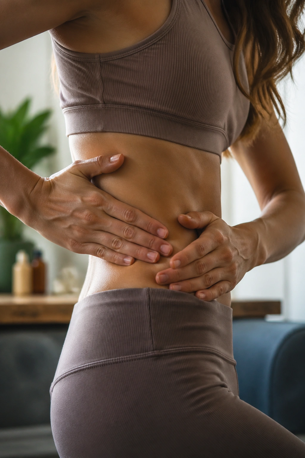 Torso in profile performing a gentle waist massage near the ribs in a cozy home setting