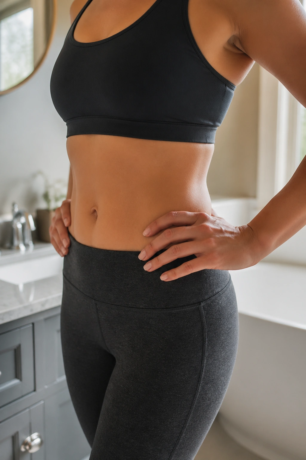 Person standing in a bright bathroom showing their waist area