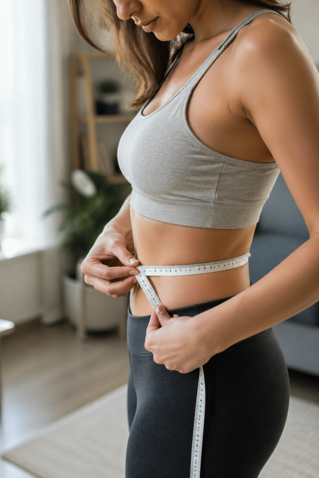 Waist measurement with an unlabeled tape around the waist in a home setting