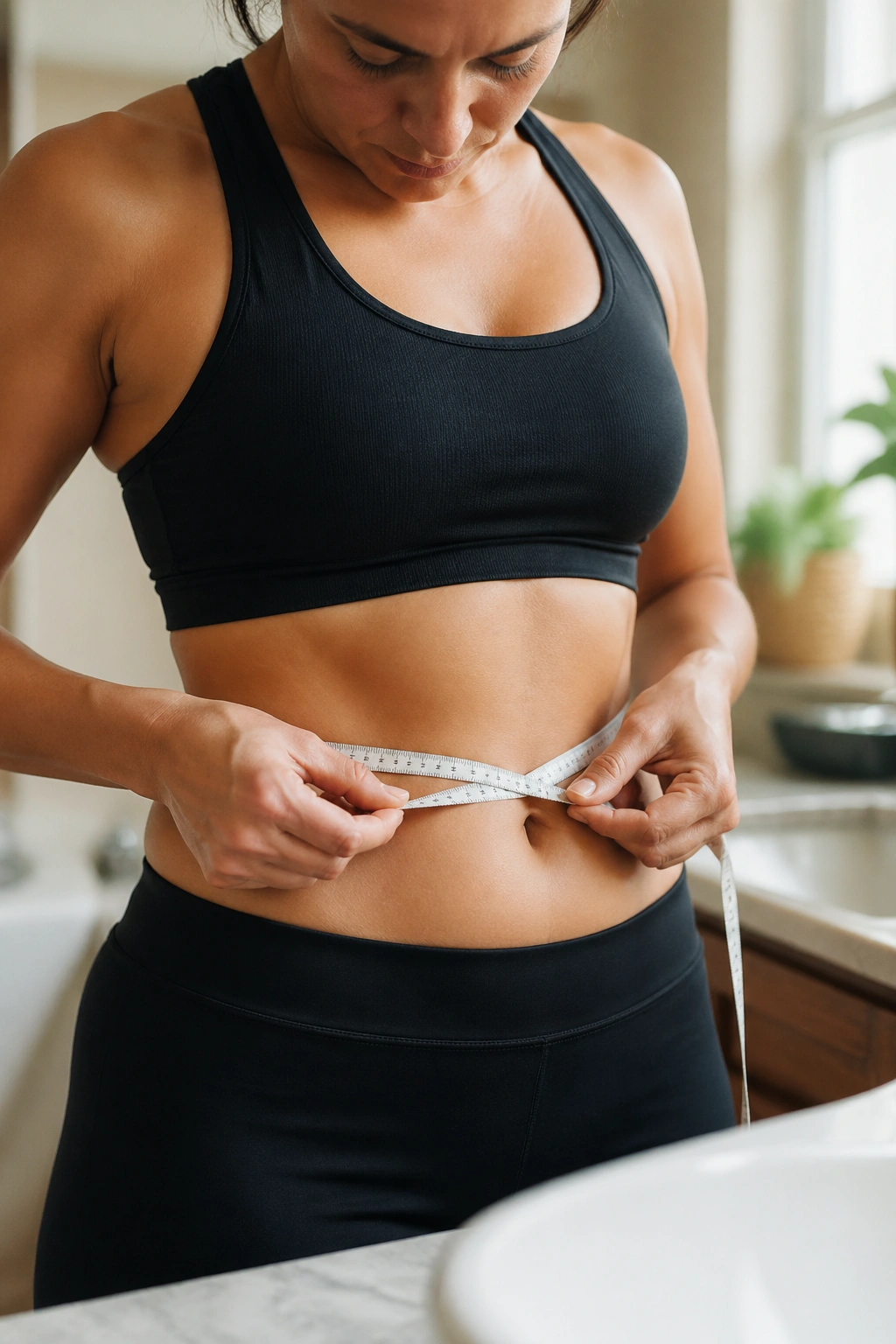 Close-up of a waist with a measuring tape around it to track waist size