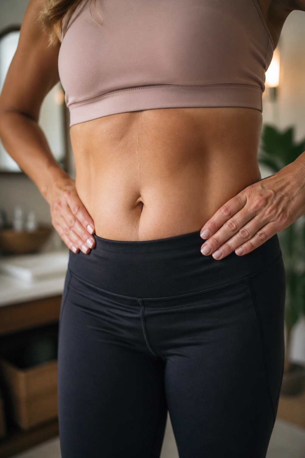 Close-up of a real woman's midsection with hands at the waist in a home setting