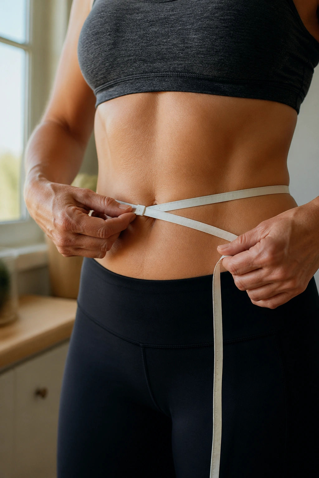 Close-up of a real woman measuring her waist with a tape measure in natural light
