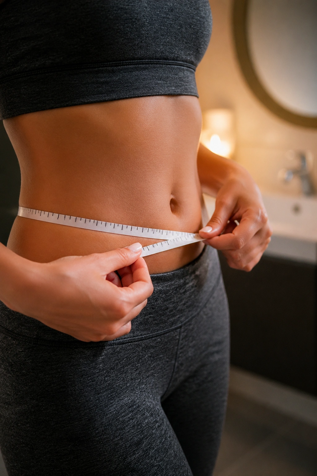 Waist measurement focusing on torso with a plain measuring tape around the waist; digits hidden.